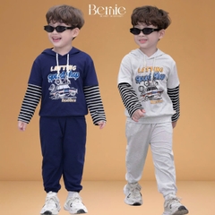 Set bộ tay dài thể thao unisex tay áo phối kẻ áo có mũ họa tiết ô tô đi chơi đi học 1 đến 7 tuổi BERNIE H0725B55