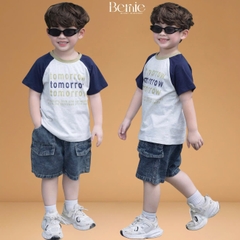 Set bộ tay ngắn raplang phối màu áo thun họa tiết Tomorrow và quần short jean bé trai 1 đến 7 tuổi BERNIE H0725B19