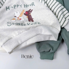 Set bộ nỉ tay dài kẻ sọc ngang phối màu họa tiết hình in cún dễ thương kèm quần dài unisex bé trai bé gái size 1 đến 7 tuổi BERNIE H0625B22