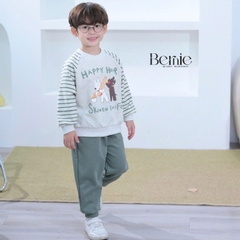 Set bộ nỉ tay dài kẻ sọc ngang phối màu họa tiết hình in cún dễ thương kèm quần dài unisex bé trai bé gái size 1 đến 7 tuổi BERNIE H0625B22