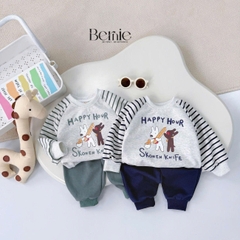 Set bộ nỉ tay dài kẻ sọc ngang phối màu họa tiết hình in cún dễ thương kèm quần dài unisex bé trai bé gái size 1 đến 7 tuổi BERNIE H0625B22