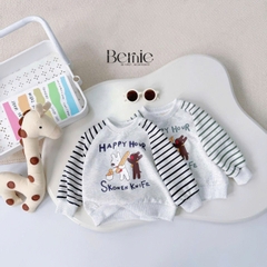 Set bộ nỉ tay dài kẻ sọc ngang phối màu họa tiết hình in cún dễ thương kèm quần dài unisex bé trai bé gái size 1 đến 7 tuổi BERNIE H0625B22
