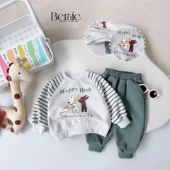 Set bộ nỉ tay dài kẻ sọc ngang phối màu họa tiết hình in cún dễ thương kèm quần dài unisex bé trai bé gái size 1 đến 7 tuổi BERNIE H0625B22