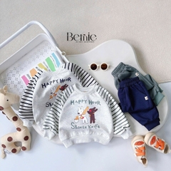 Set bộ nỉ tay dài kẻ sọc ngang phối màu họa tiết hình in cún dễ thương kèm quần dài unisex bé trai bé gái size 1 đến 7 tuổi BERNIE H0625B22