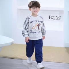 Set bộ nỉ tay dài kẻ sọc ngang phối màu họa tiết hình in cún dễ thương kèm quần dài unisex bé trai bé gái size 1 đến 7 tuổi BERNIE H0625B22