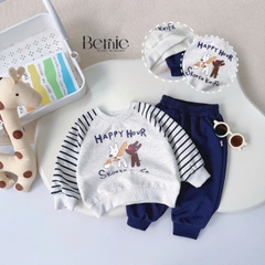 Set bộ nỉ tay dài kẻ sọc ngang phối màu họa tiết hình in cún dễ thương kèm quần dài unisex bé trai bé gái size 1 đến 7 tuổi BERNIE H0625B22