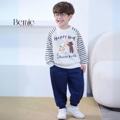 Set bộ nỉ tay dài kẻ sọc ngang phối màu họa tiết hình in cún dễ thương kèm quần dài unisex bé trai bé gái size 1 đến 7 tuổi BERNIE H0625B22