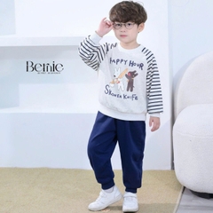 Set bộ nỉ tay dài kẻ sọc ngang phối màu họa tiết hình in cún dễ thương kèm quần dài unisex bé trai bé gái size 1 đến 7 tuổi BERNIE H0625B22