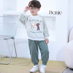 Set bộ nỉ tay dài kẻ sọc ngang phối màu họa tiết hình in cún dễ thương kèm quần dài unisex bé trai bé gái size 1 đến 7 tuổi BERNIE H0625B22