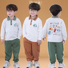 Set bộ polo thun cotton dài tay áo polo họa tiết hình in kèm quần dài cho bé trai size 9 tới 28kg BERNIE T0725B35
