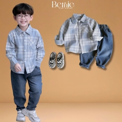 Set bộ bé trai áo sơ mi dài tay kẻ Coolboy kèm quần jean dài size 9 tới 28kg BERNIE H0725B79