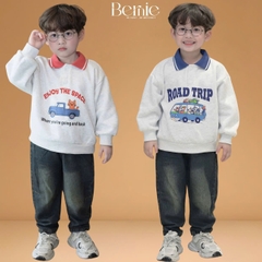 Set bộ polo dài tay cho bé trai áo polo nỉ họa tiết Enjoy the space kèm quần jean dài size 9 tới 28kg BERNIE H0525B37