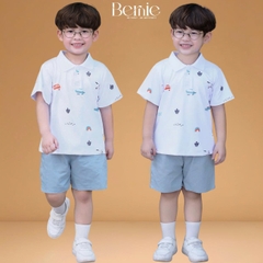 Set bộ polo cho bé trai áo polo tay ngắn họa tiết hình in kèm quần short kaki size 9 tới 28kg BERNIE T0825B24
