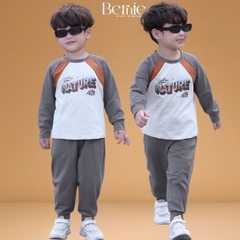 Set bộ thun cotton dài tay phối màu cho bé trai áo thun họa tiết hình in kèm quần dài size 9 tới 25kg BERNIE T0825B26