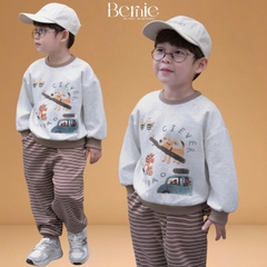 Set bộ nỉ dài tay họa tiết hoạt hình Clever kèm quần dài kẻ ngang cho bé trai size 9 tới 28kg BERNIE H0725B20