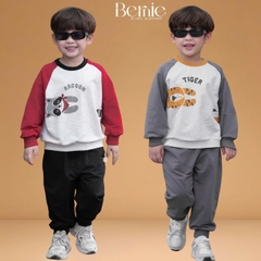 Set bộ thun da cá dài tay áo raplang phối màu họa tiết Animal kèm quần dài size 9 tới 28kg BERNIE T0725B36