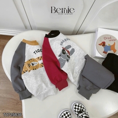 Set bộ thun da cá dài tay áo raplang phối màu họa tiết Animal kèm quần dài size 9 tới 28kg BERNIE T0725B36