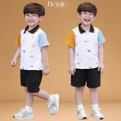 Set bộ tay ngắn áo polo họa tiết beach mùa hè kèm quần short size 9 tới 28kg BERNIE T0825B38