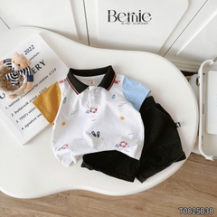 Set bộ tay ngắn áo polo họa tiết beach mùa hè kèm quần short size 9 tới 28kg BERNIE T0825B38