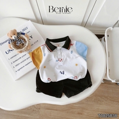 Set bộ tay ngắn áo polo họa tiết beach mùa hè kèm quần short size 9 tới 28kg BERNIE T0825B38
