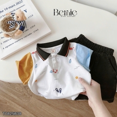 Set bộ tay ngắn áo polo họa tiết beach mùa hè kèm quần short size 9 tới 28kg BERNIE T0825B38