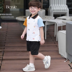 Set bộ tay ngắn áo polo họa tiết beach mùa hè kèm quần short size 9 tới 28kg BERNIE T0825B38