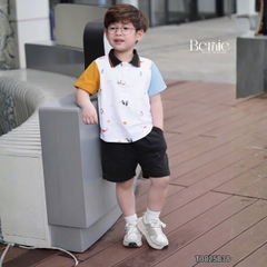 Set bộ tay ngắn áo polo họa tiết beach mùa hè kèm quần short size 9 tới 28kg BERNIE T0825B38