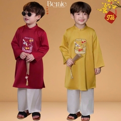 Set áo dài bé trai kèm quần chất lụa vân gỗ họa tiết thêu Hạc xuân mặc Tết size 9 đến 25kg BERNIE H0925B09