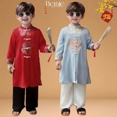 Set bộ áo dài bé trai kèm quần chất lụa phối họa tiết thêu gấm Phúc Lộc mặc Tết size 9 đến 25kg BERNIE H0925B22