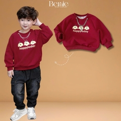 Áo thun Sweater màu đỏ áo thun dài tay hoạ tiết in gấu Happy today cho bé trai bé gái size 10 tới 30kg BERNIE T1025A73