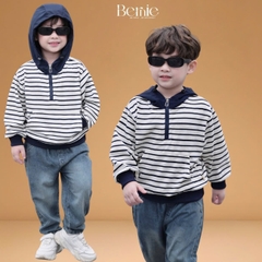 Áo hoodie dài tay unisex kẻ ngang phối mũ và dây kéo cho bé trai bé gái size 9 tới 28kg BERNIE T1025A35Đ
