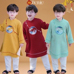 Set áo dài cách tân Hạc vũ cho bé trai mặc tết chất nhung tăm chéo mềm mịn size 9 đến 25kg BERNIE H0925B14