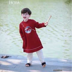 Set áo dài cách tân Hạc vũ cho bé trai mặc tết chất nhung tăm chéo mềm mịn size 9 đến 25kg BERNIE H0925B14