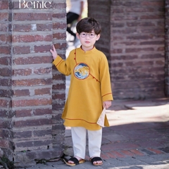 Set áo dài cách tân Hạc vũ cho bé trai mặc tết chất nhung tăm chéo mềm mịn size 9 đến 25kg BERNIE H0925B14