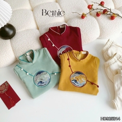 Set áo dài cách tân Hạc vũ cho bé trai mặc tết chất nhung tăm chéo mềm mịn size 9 đến 25kg BERNIE H0925B14