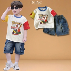 Set bộ tay ngắn phối màu áo thun họa tiết Teacher kèm quần short jean cho bé trai size 9 tới 28kg BERNIE H1025B61Đ