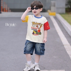 Set bộ tay ngắn phối màu áo thun họa tiết Teacher kèm quần short jean cho bé trai size 9 tới 28kg BERNIE H1025B61Đ