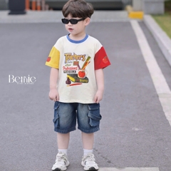 Set bộ tay ngắn phối màu áo thun họa tiết Teacher kèm quần short jean cho bé trai size 9 tới 28kg BERNIE H1025B61Đ