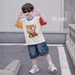 Set bộ tay ngắn phối màu áo thun họa tiết Teacher kèm quần short jean cho bé trai size 9 tới 28kg BERNIE H1025B61Đ
