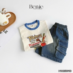 Set bộ tay ngắn phối màu áo thun họa tiết Teacher kèm quần short jean cho bé trai size 9 tới 28kg BERNIE H1025B61Đ