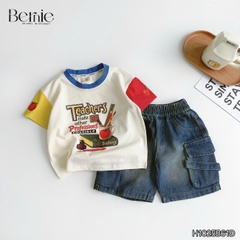 Set bộ tay ngắn phối màu áo thun họa tiết Teacher kèm quần short jean cho bé trai size 9 tới 28kg BERNIE H1025B61Đ