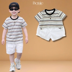  Set bộ kẻ ngang cho bé trai áo cotton tay ngắn đính tag kèm quần short kaki size 9kg tới 28kg BERNIE KIDS T1125B23