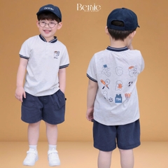 Set bộ tay ngắn áo cổ trụ họa tiết Gấu bóng chày kèm quần short bé trai size 9 tới 28kg BERNIE H1025B54