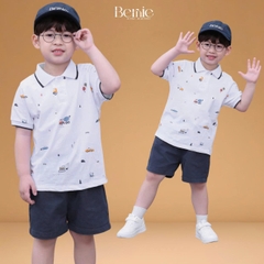 Set bộ Polo Xe tinh nghịch cho bé trai áo thun polo tay ngắn và quần short kaki size 9 tới 28kg BERNIE T1125B08Đ