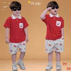 Set bộ Polo Crab màu đỏ cho bé trai áo thun polo tay ngắn và quần short kaki họa tiết size 9 tới 28kg BERNIE H1225B20Đ