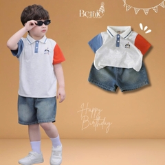 Set bộ polo tay ngắn họa tiết thêu Birthday Bernie cho bé trai kèm quần short jean size 9 tới 28kg BERNIE H1025B52