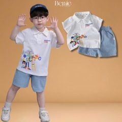 Set bộ polo tay ngắn cho bé trai họa tiết Robot hóm hỉnh kèm quần short kaki size 9 đến 25kg BERNIE T1025B83Đ 