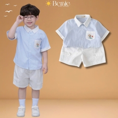  Set bộ sơ mi tay ngắn cho bé trai họa tiết kẻ Summer kèm quần short kaki size 9 đến 25kg BERNIE H1225B18Đ 