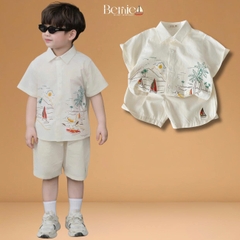 Set sơ mi ngắn tay đi biển cho bé trai bé gái họa tiết Tiny kèm quần short kaki size 9 tới 25kg BERNIE H1025B57