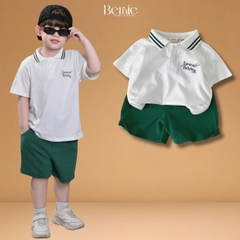 Set bộ polo tay ngắn cổ dệt thêu họa tiết Holiday xanh kèm quần short size 9 tới 28kg BERNIE T1125B14